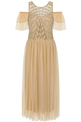 Barbara Cold Shoulder Embellished Midi Dress - Champagne